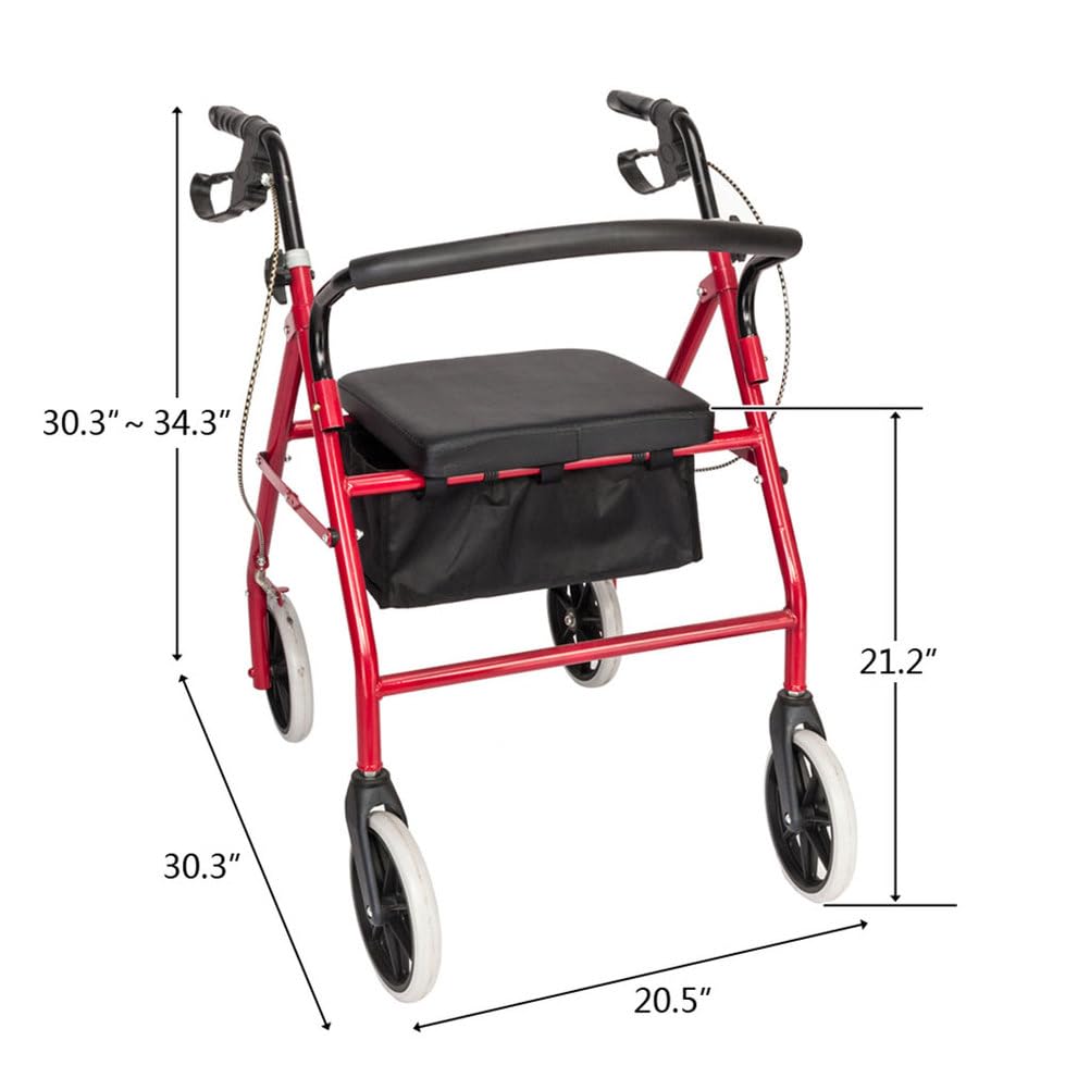 Lightweight Foldable Steel Rollator Walker with Seat, 8" Wheels, Red P539