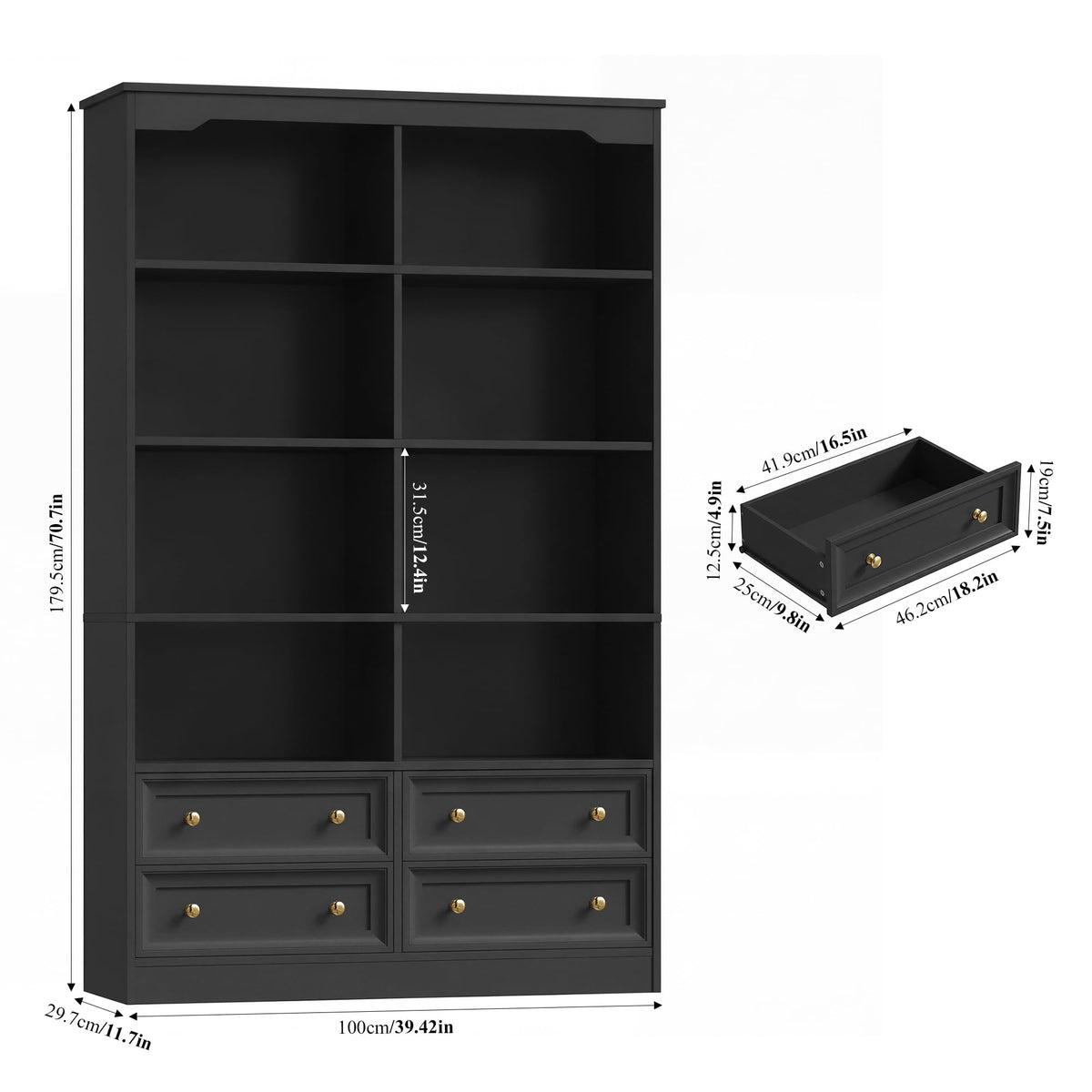 71" Tall Black Bookshelf with 4 Drawers F387