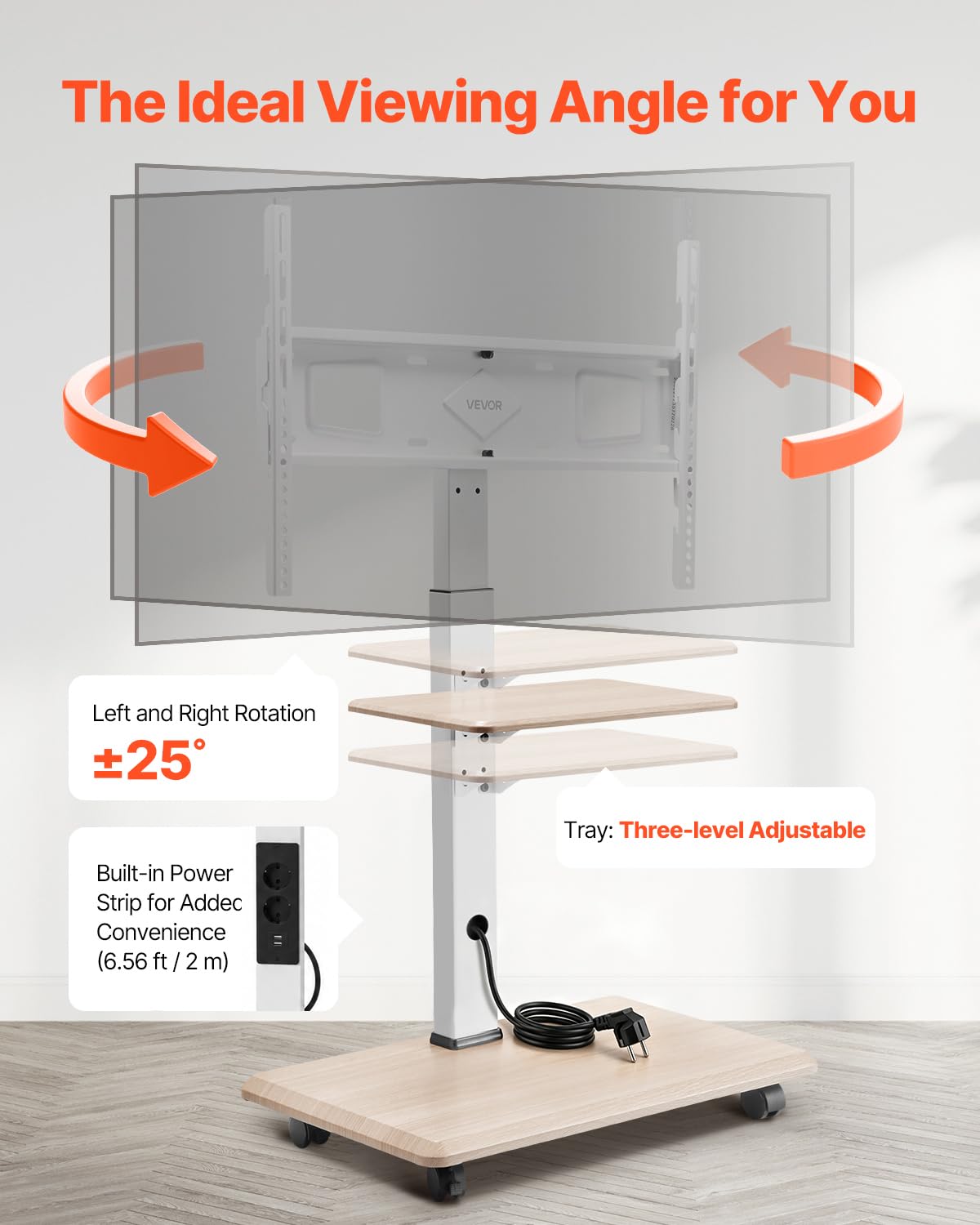 Rolling TV Stand for 32-70 Inch Screens, Height Adjustable with Tray S2386