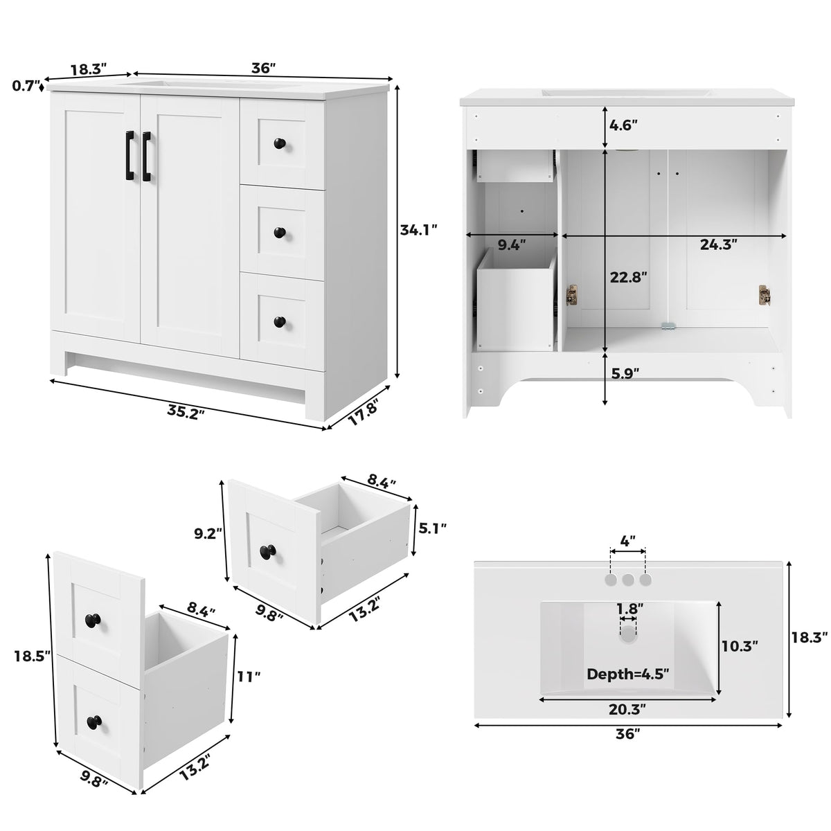 36" White Bathroom Vanity with Sink, 2 Soft-Close Drawers & Doors F969615