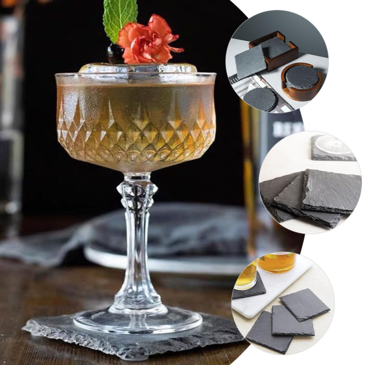 Black Natural Stone Coasters 12pcs H105672
