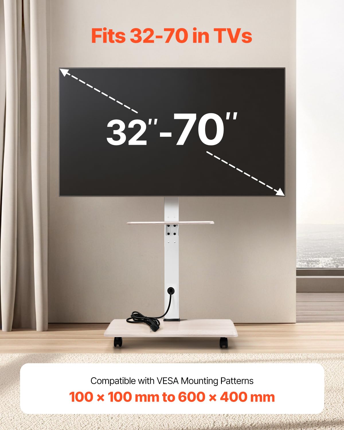 Rolling TV Stand for 32-70 Inch Screens, Height Adjustable with Tray S2386