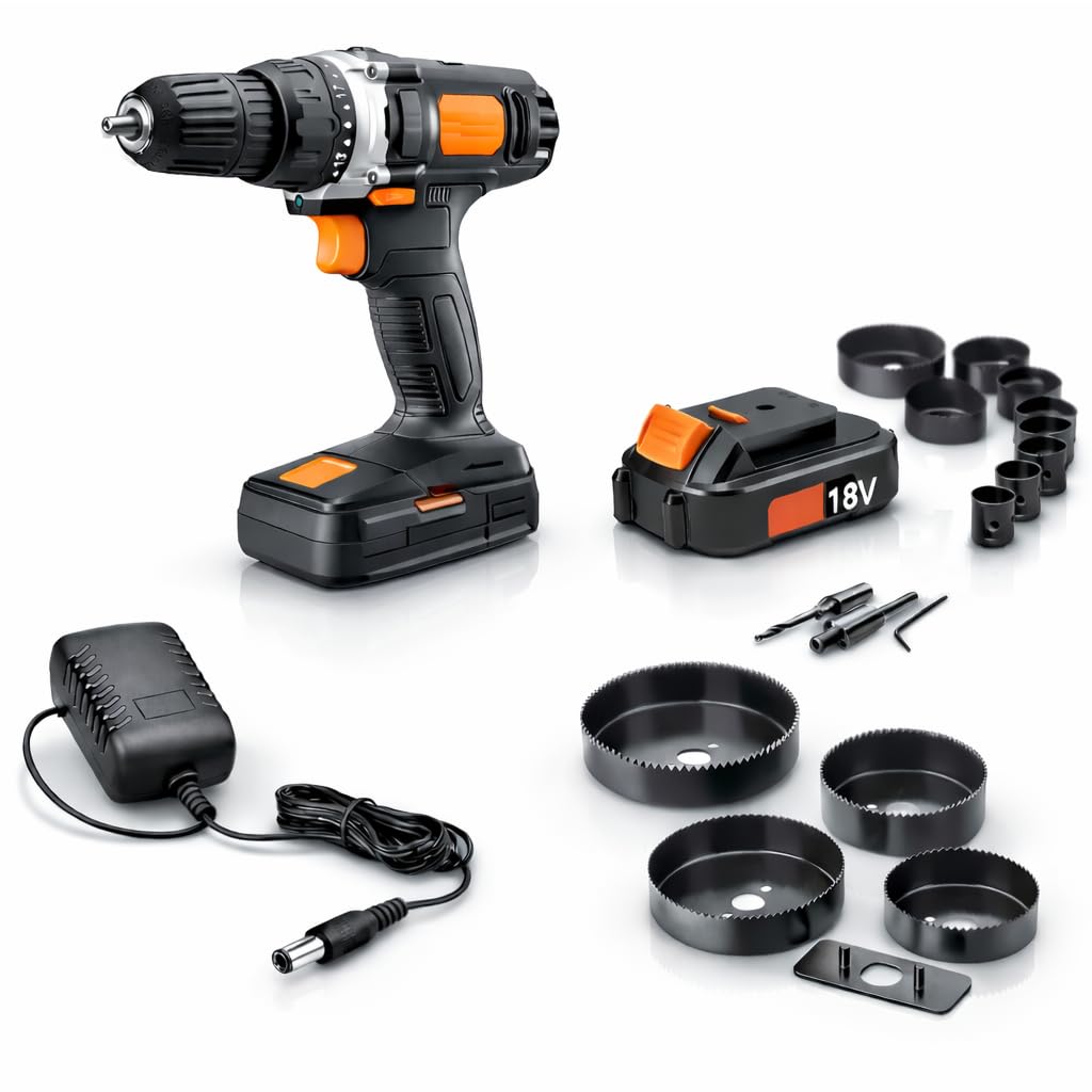 18V Cordless 3/8 in. Drill Driver & Hole Saw Kit with Battery and Charger D35392