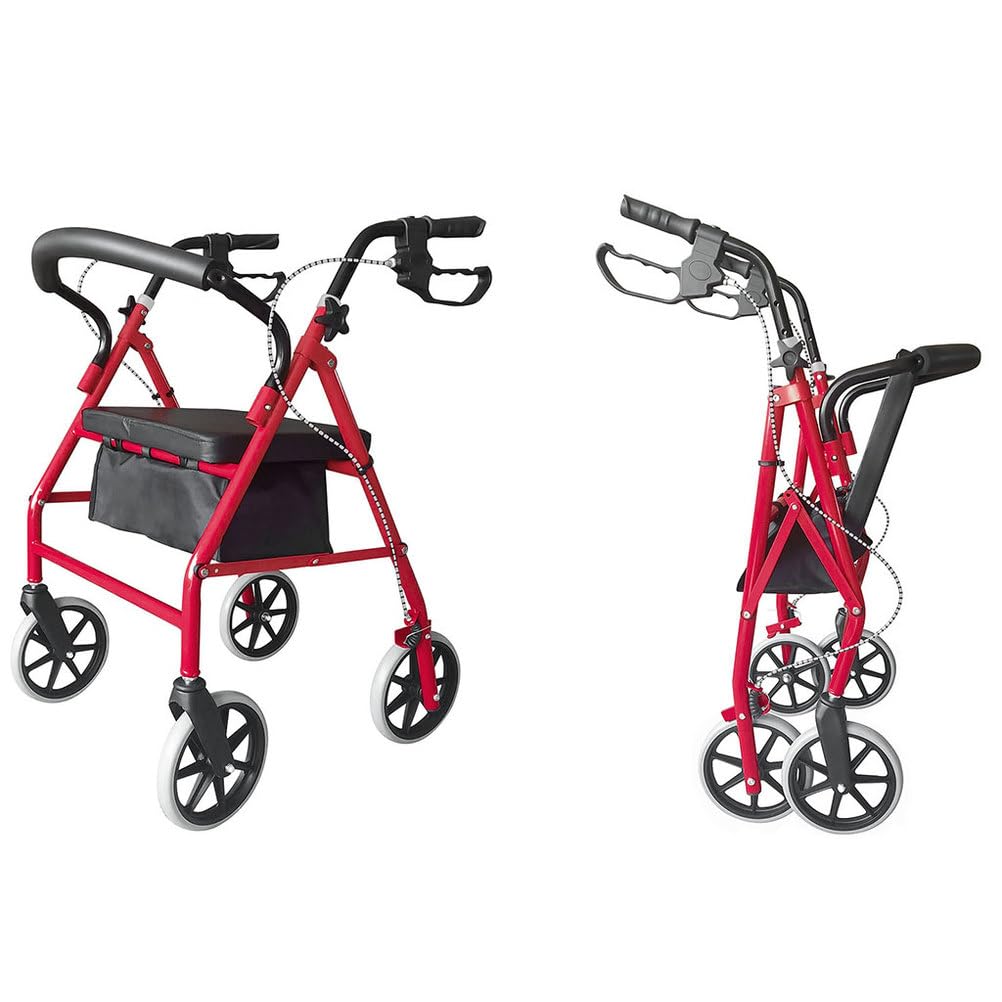 Lightweight Foldable Steel Rollator Walker with Seat, 8" Wheels, Red P539