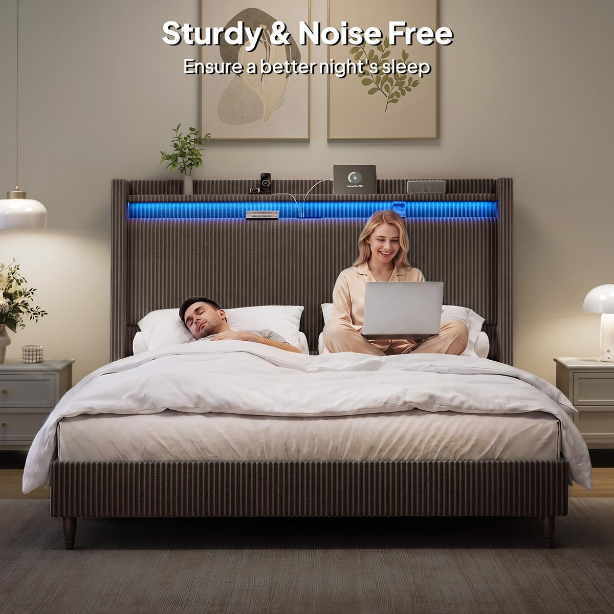 Queen Size Corduroy Upholstered Bed Frame W624007