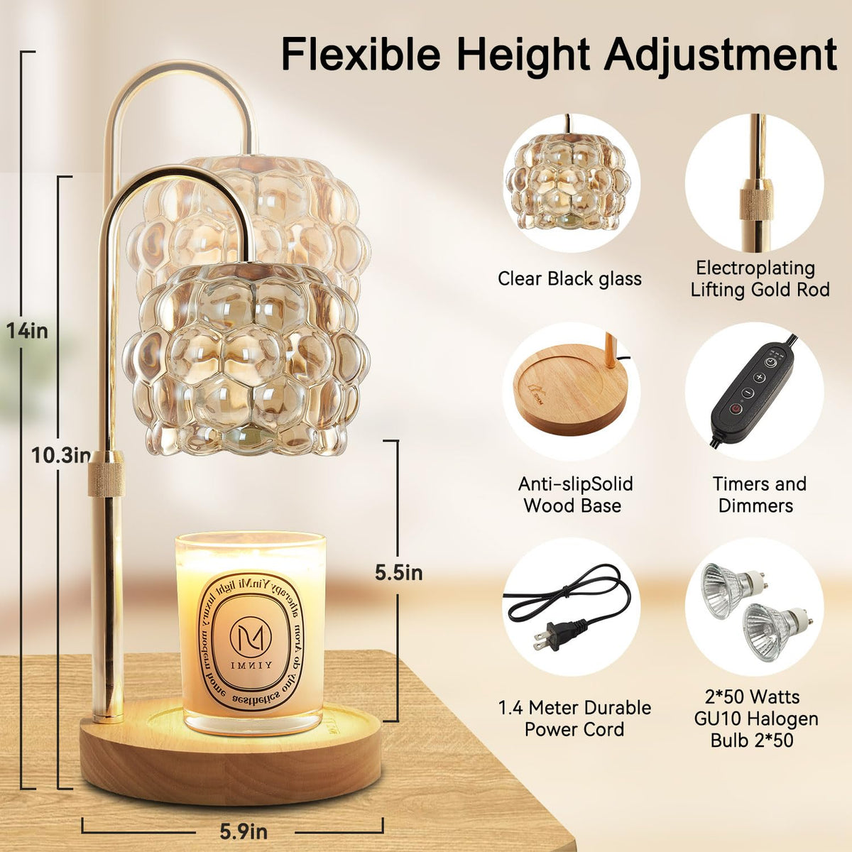 Candle Warmer Lamp with Timer Adjustable Height Dimmer Vintage Glass H640