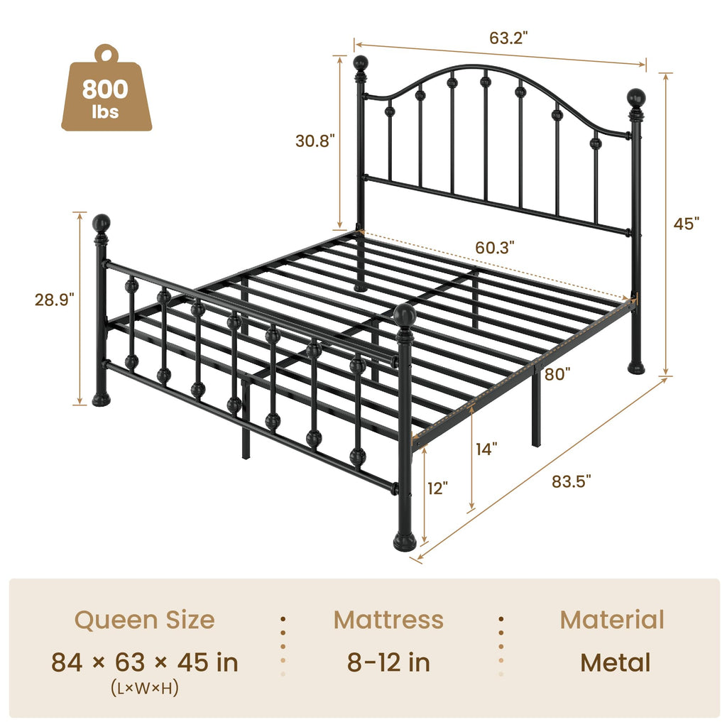 Queen Metal Bed Frame with Victorian Headboard and Footboard Black C619