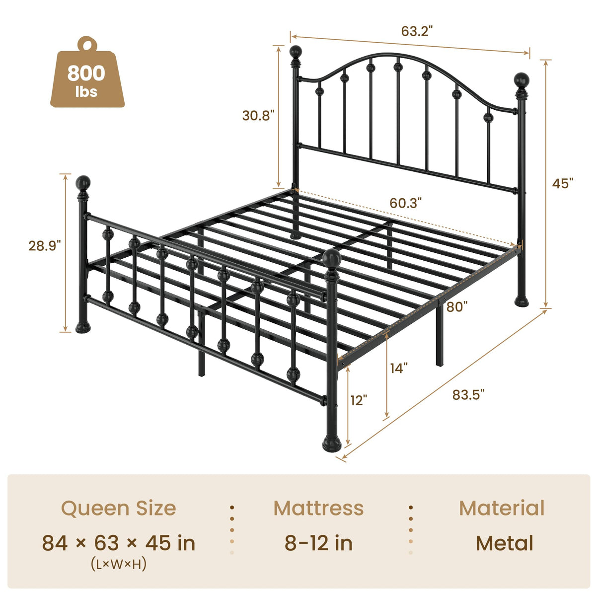 Queen Metal Bed Frame with Victorian Headboard and Footboard Black C619