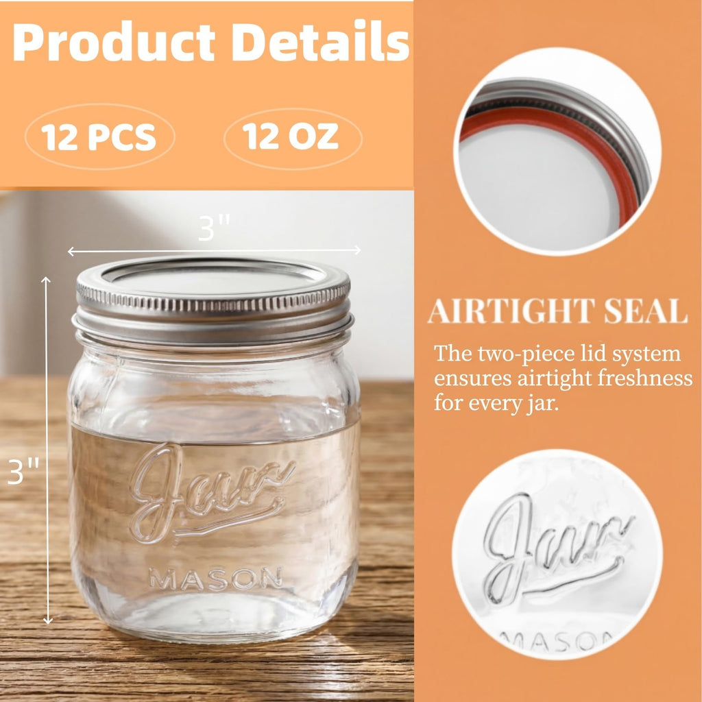 12 Pack 12 Oz Wide Mouth Airtight Glass Mason Jars W2679