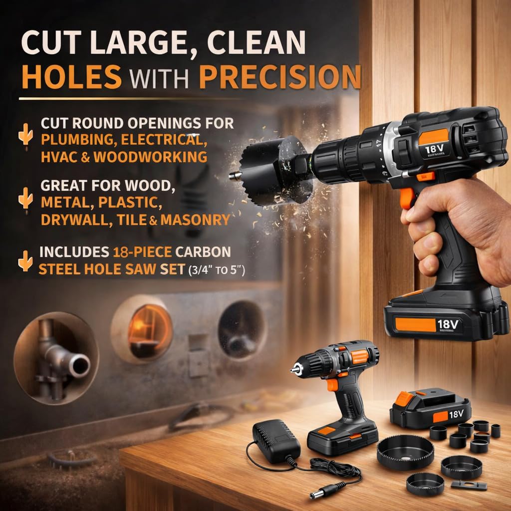 18V Cordless 3/8 in. Drill Driver & Hole Saw Kit with Battery and Charger D35392