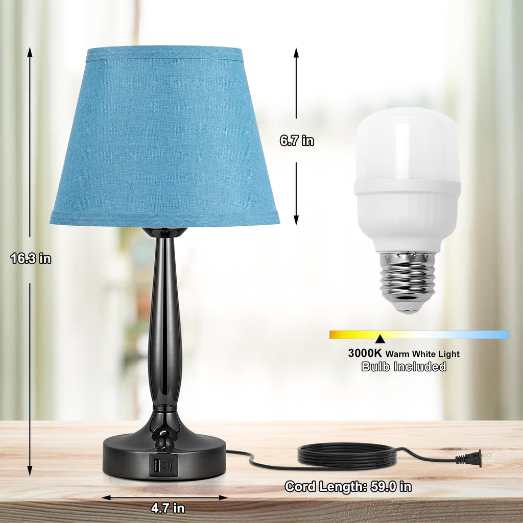 Touch Bedside Lamp with USB C Port, 3 Way Dimmable Turquoise Blue U8994