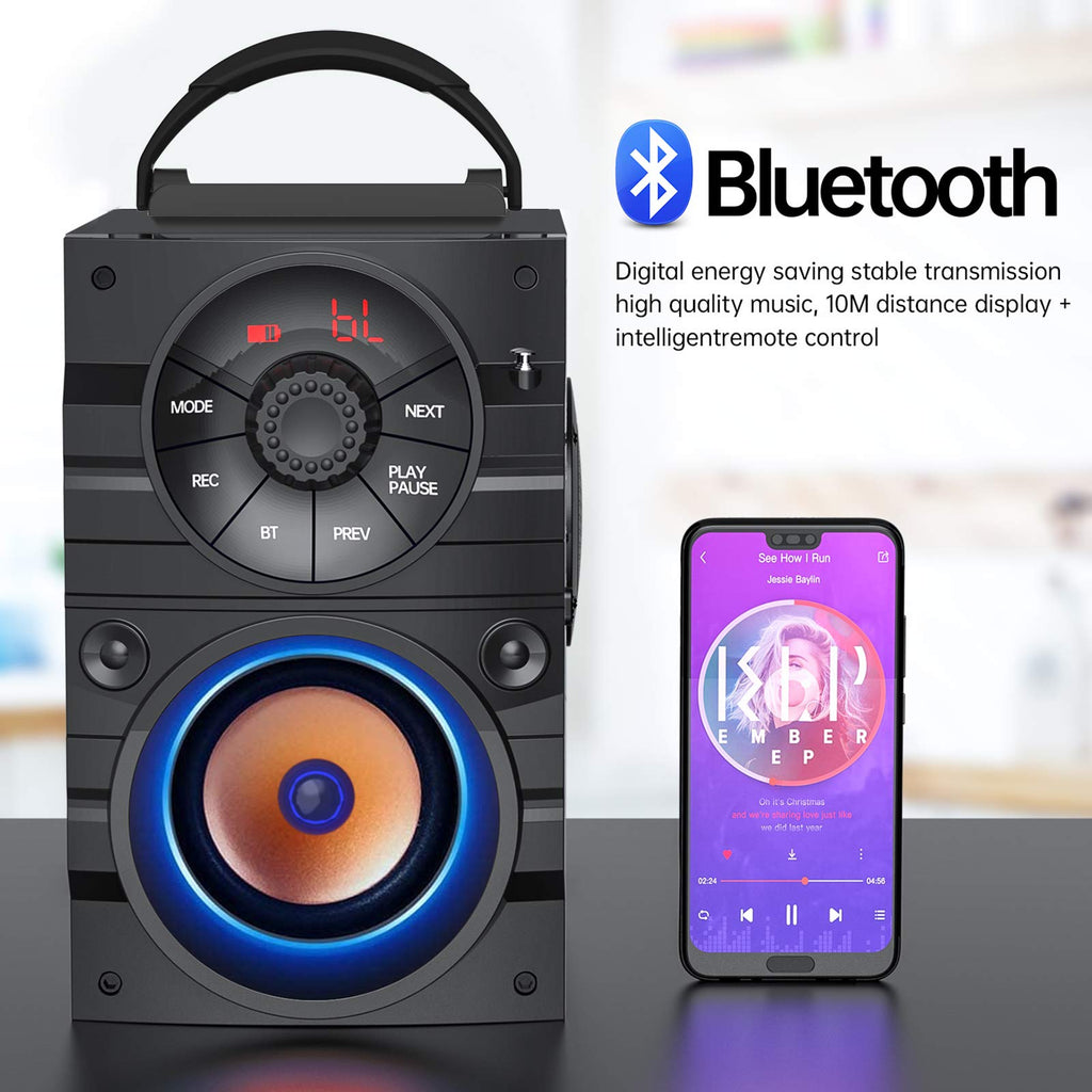Portable Big Bluetooth Speakers with Light, Wireless with Subwoofer, FM Radio, LED Lights, EQ, Booming Bass, Bluetooth 4.2 Stereo Loud Outdoor/Indoor Retro, for Home, Camping, Travel, Black Y564