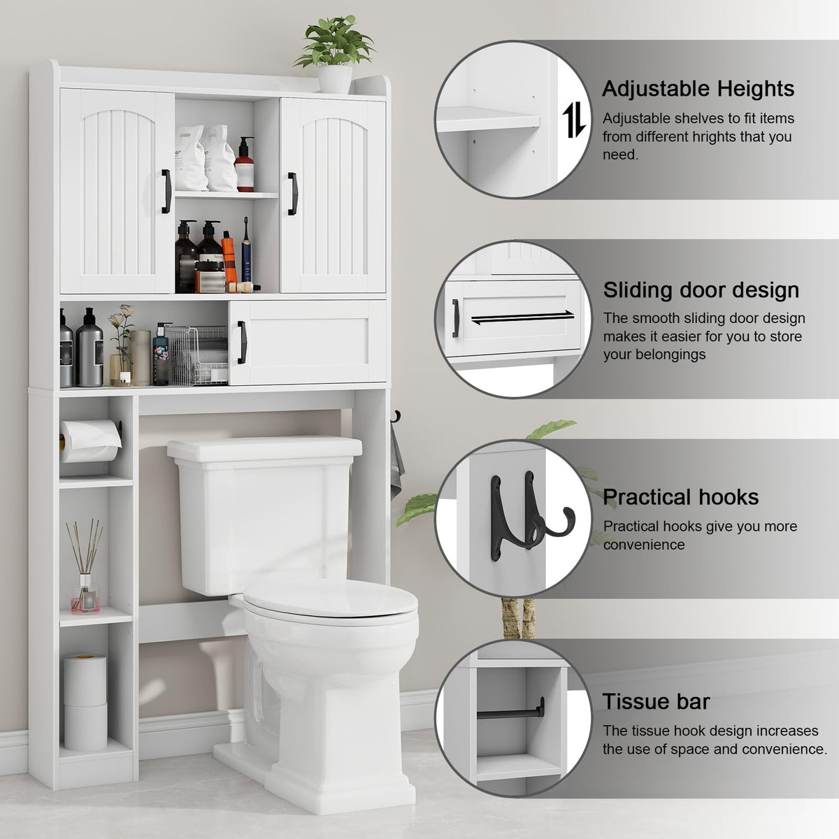 Over The Toilet Cabinet with 2 Barn Doors & Sliding Door, White Z1229