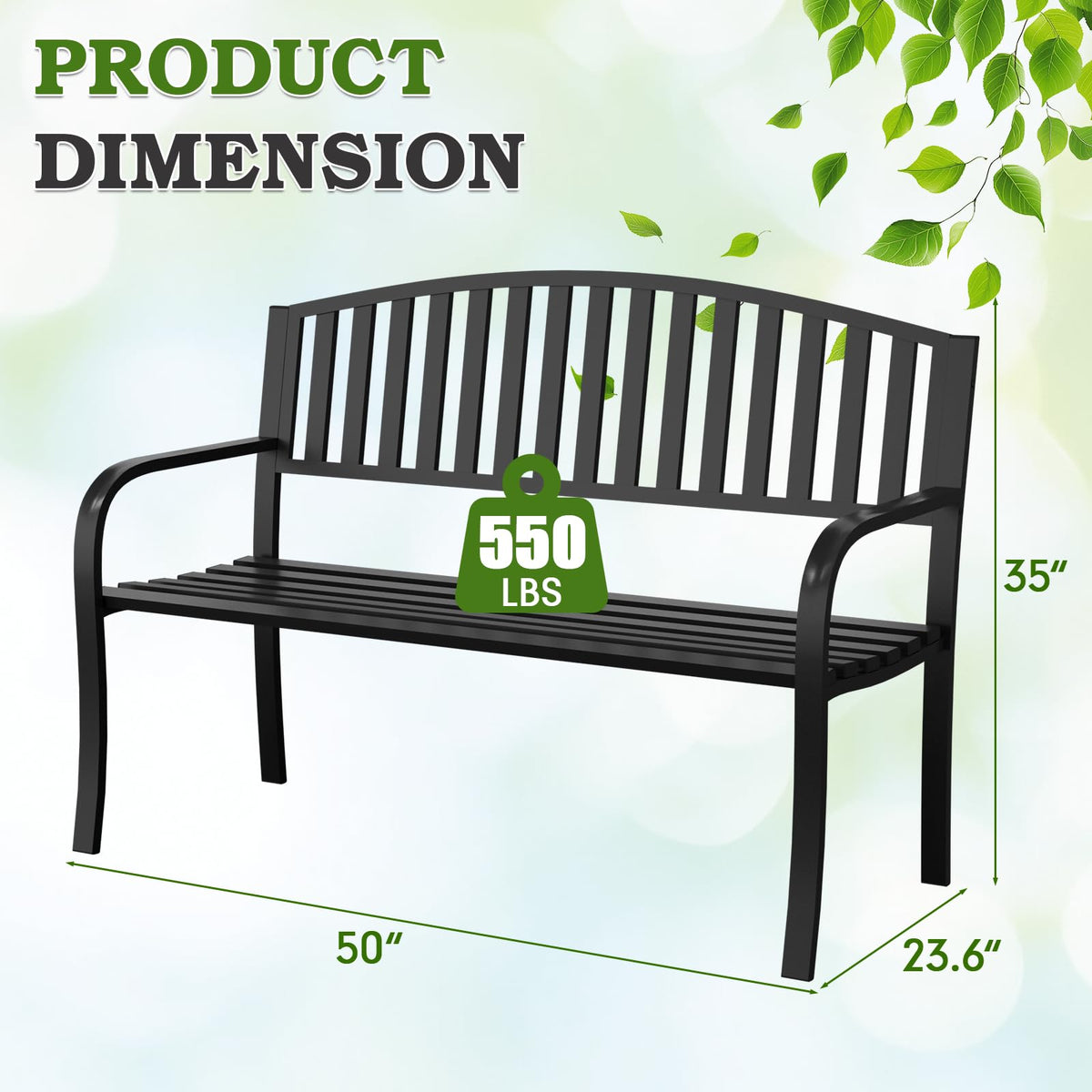 50" Iron Metal Outdoor Bench with Backrest and Armrests K3348