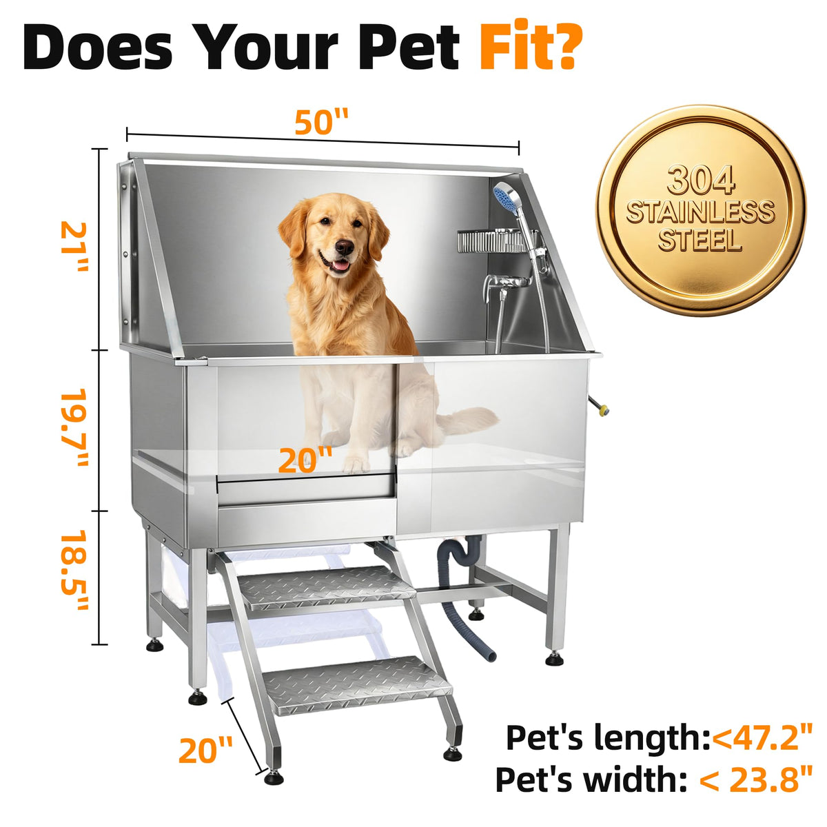 304 Stainless Steel Dog Washing Station with Stairs and 2 Drawers F998963