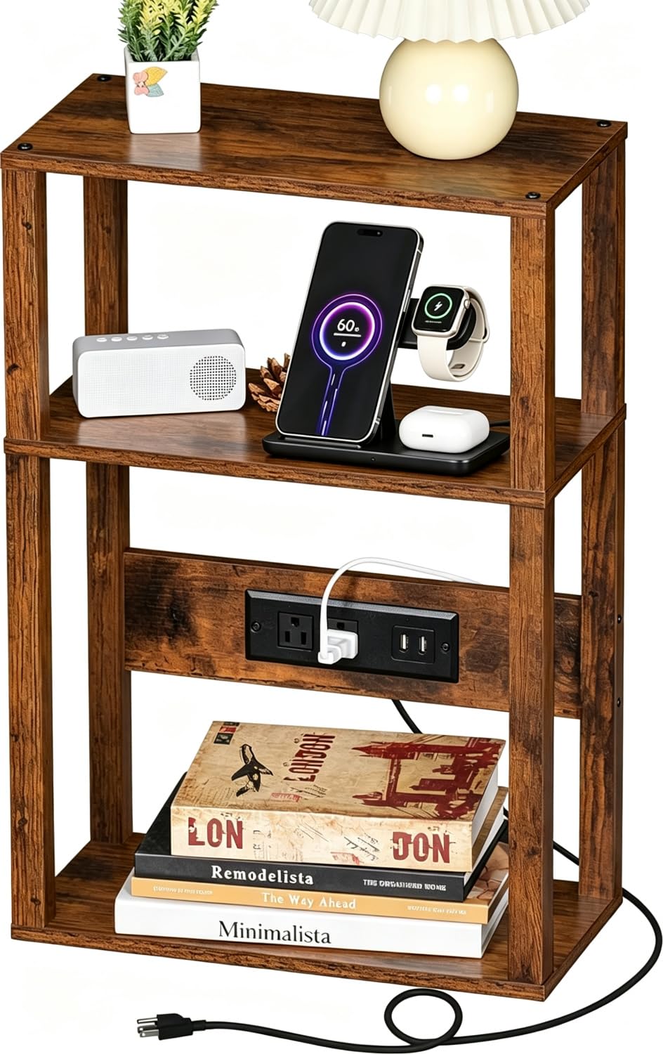 3-Tier Narrow Bedside Table with Charging Station V878705