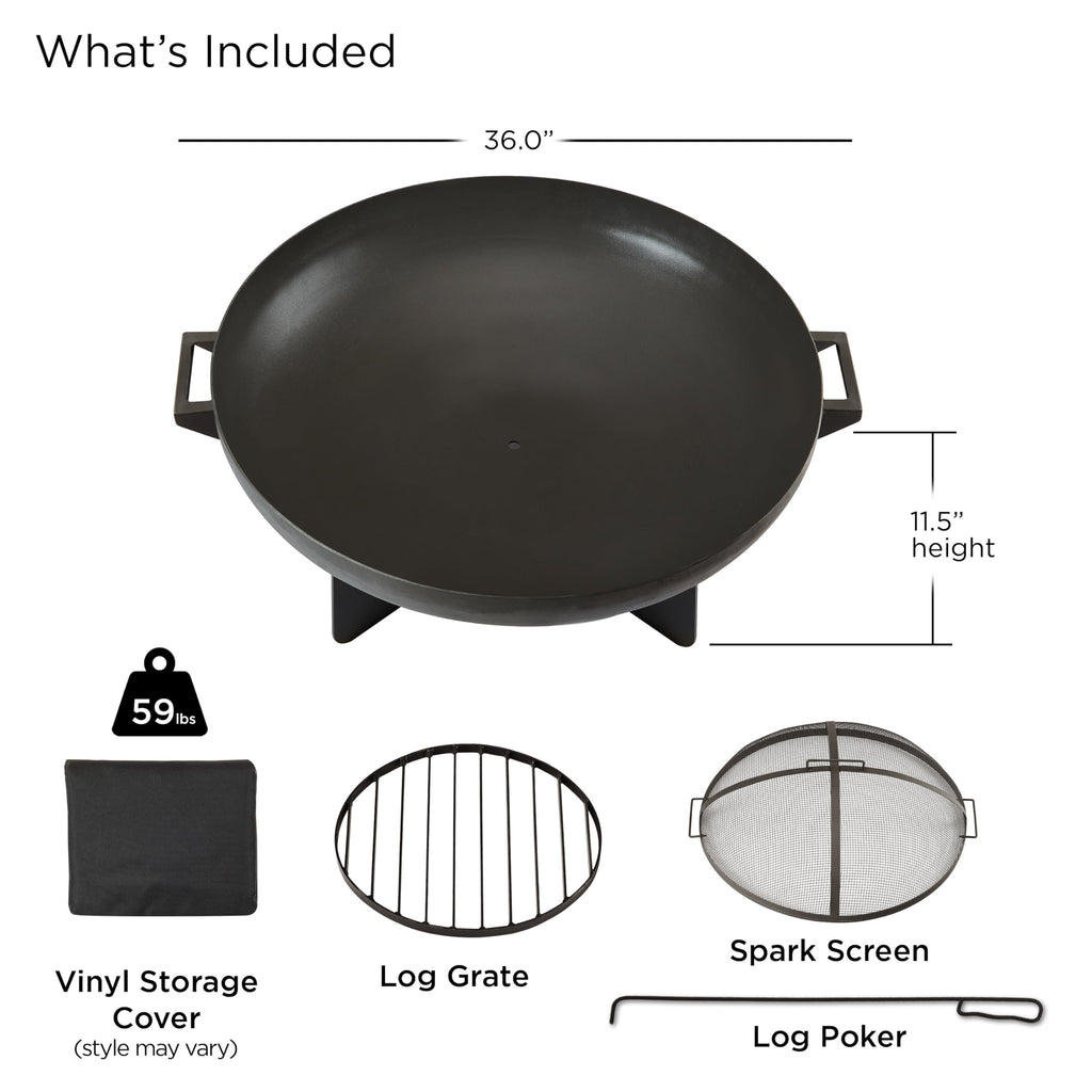 36” Round Wood Burning Steel Fire Pit with Spark Screen, Poker, Log Grate and Storage Cover Y869130