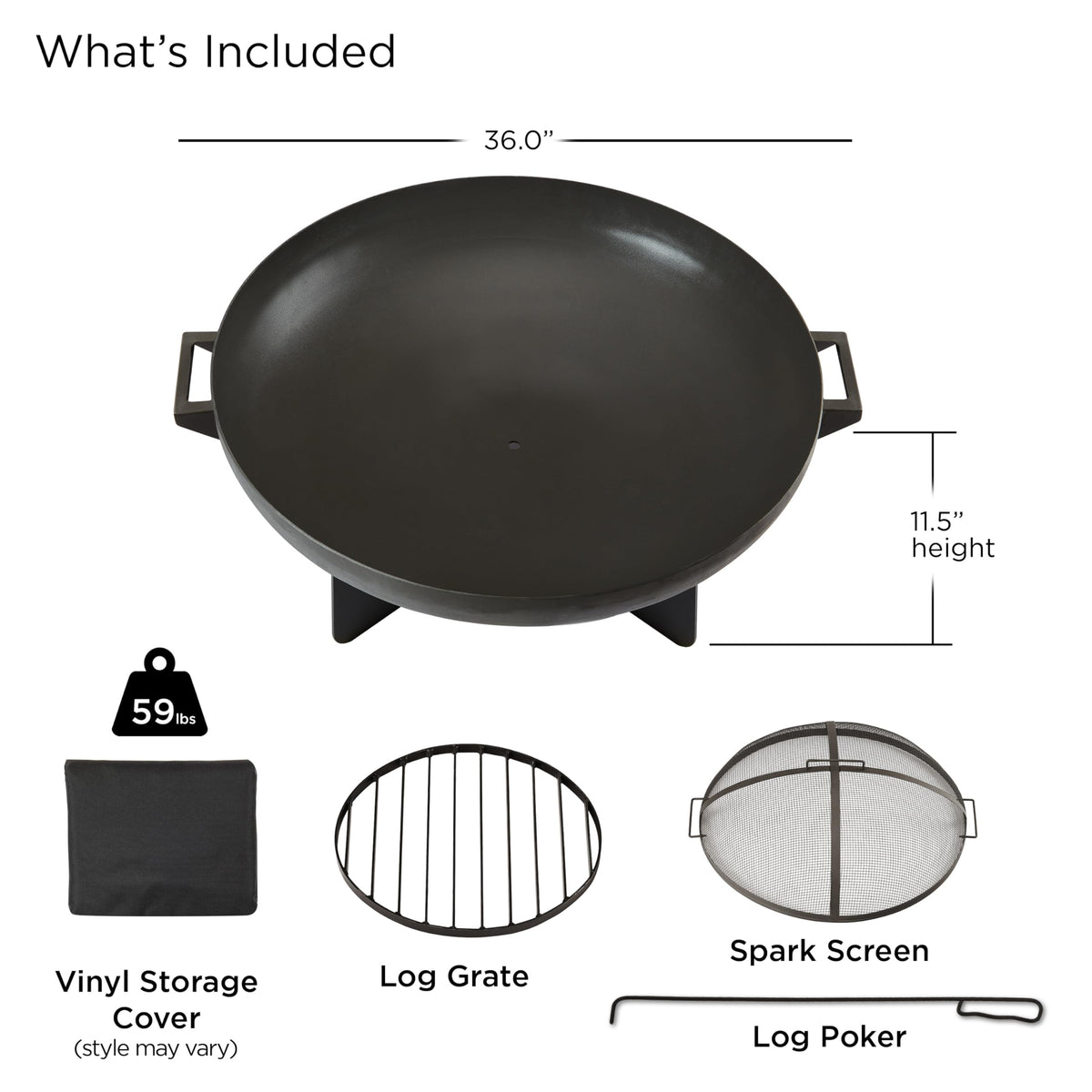 36” Round Wood Burning Steel Fire Pit with Spark Screen, Poker, Log Grate and Storage Cover Y869130