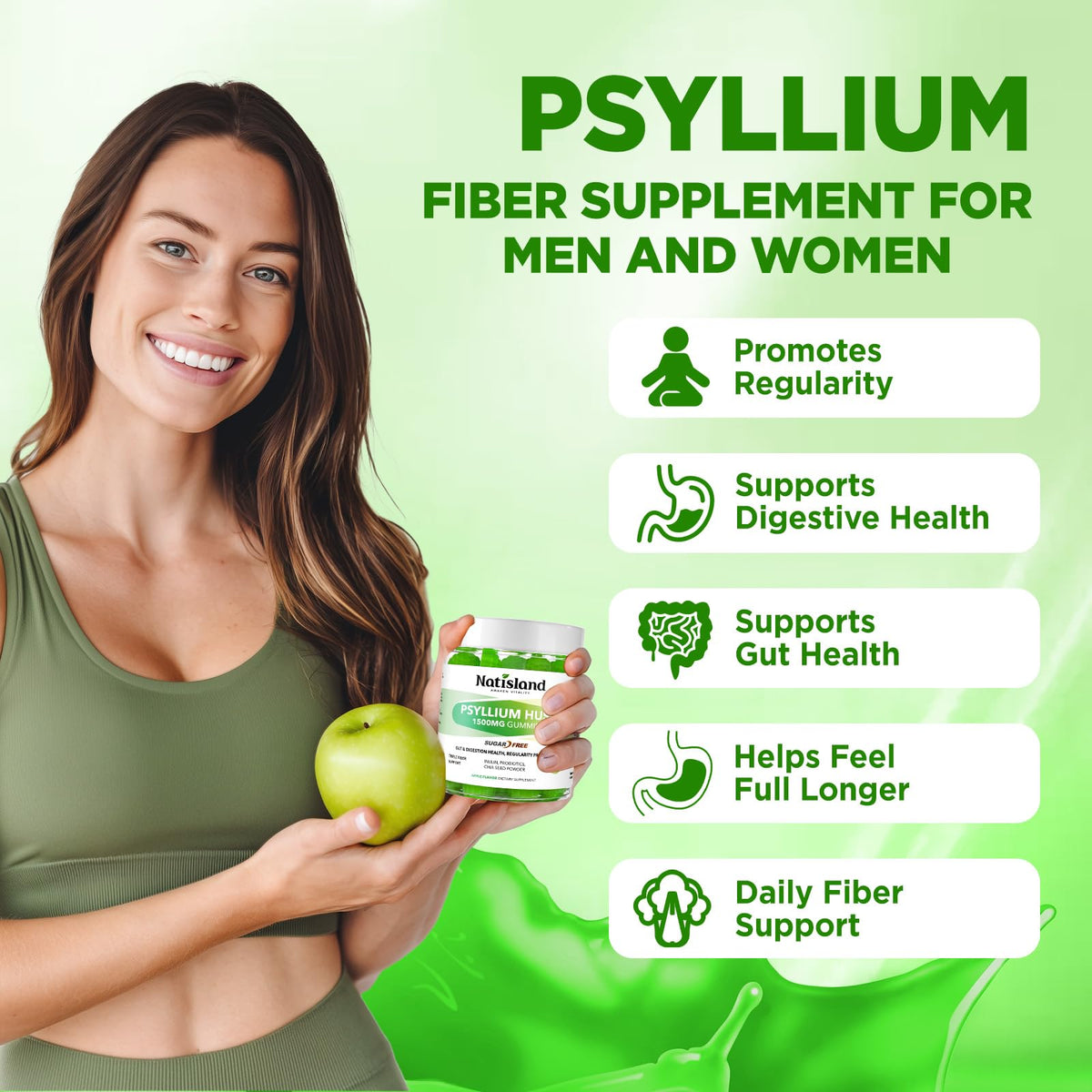 1500mg Psyllium Husk Fiber Gummies with Probiotics, Inulin, Chia Seed, Sugar Free, 60 Chewable J1491