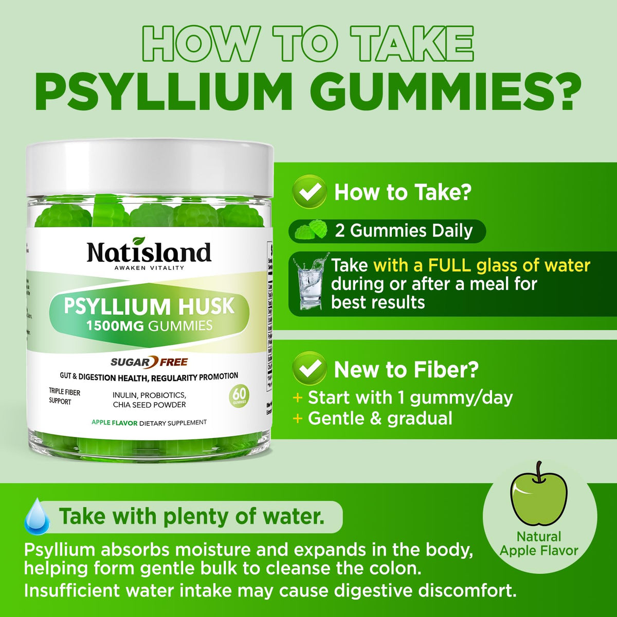 1500mg Psyllium Husk Fiber Gummies with Probiotics, Inulin, Chia Seed, Sugar Free, 60 Chewable J1491