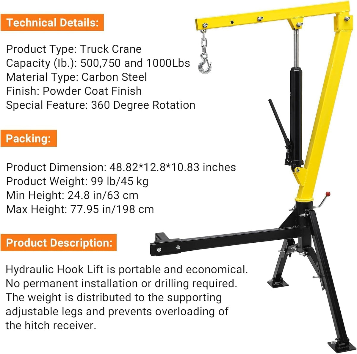 Hydraulic Pickup Crane, 1000 Lbs Lifting Capacity, 360° Swivel H556147