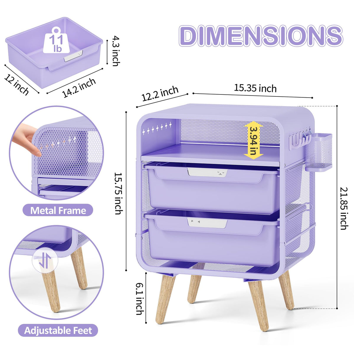 Kids Nightstand, Girls Bedside Table, Night Side Table, Purple K20764
