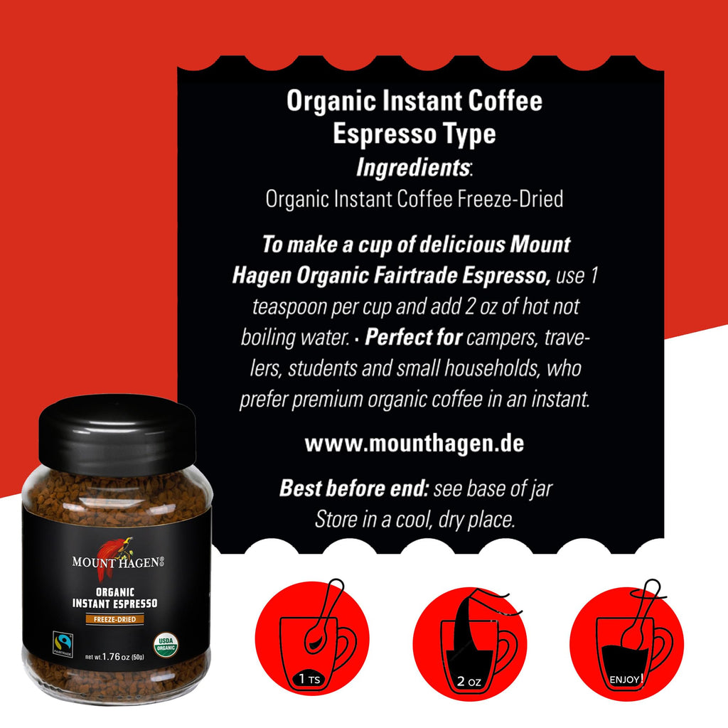 Instant Espresso Coffee, Organic Medium Roast Arabica, 1.76oz Jar S394327