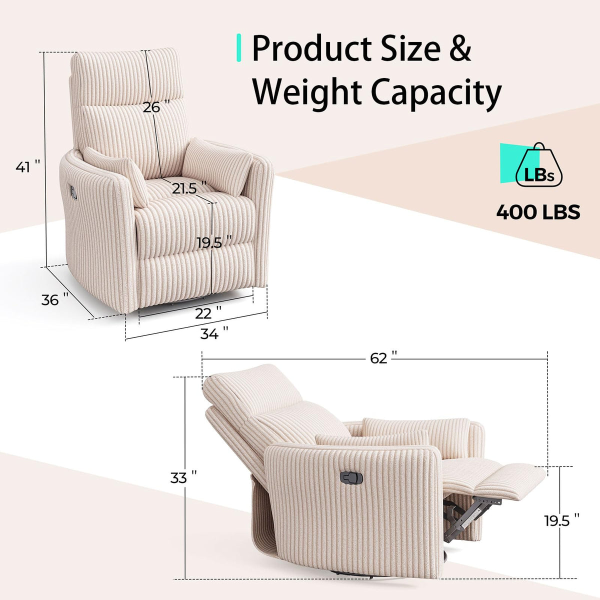 360 Swivel Recliner Chair with 2 Pillows Beige Corduroy C38308