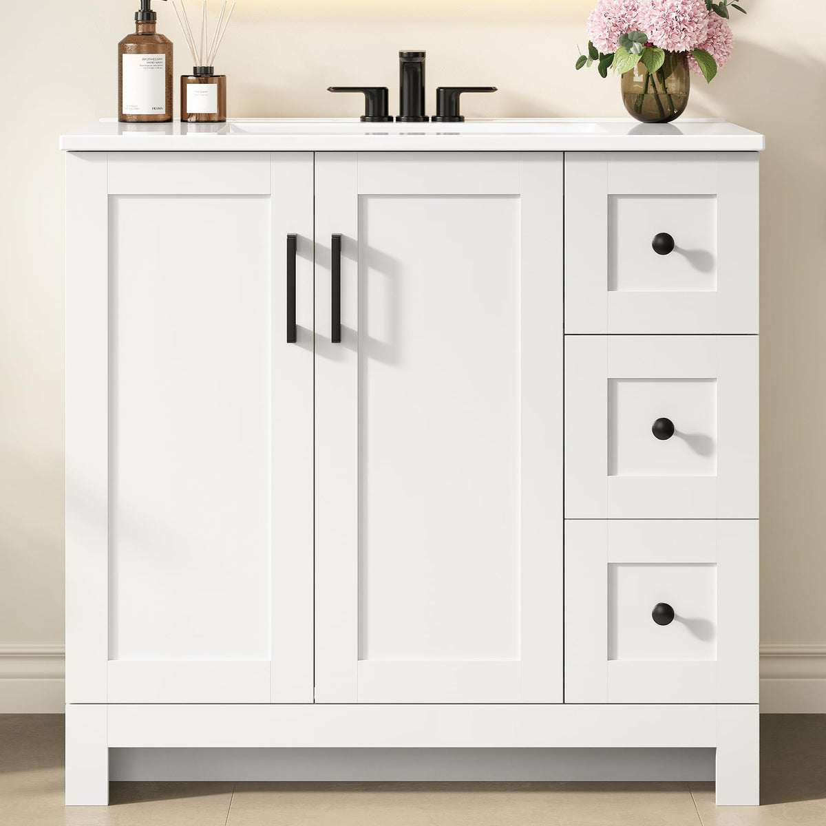 36" White Bathroom Vanity with Sink, 2 Soft-Close Drawers & Doors F969615