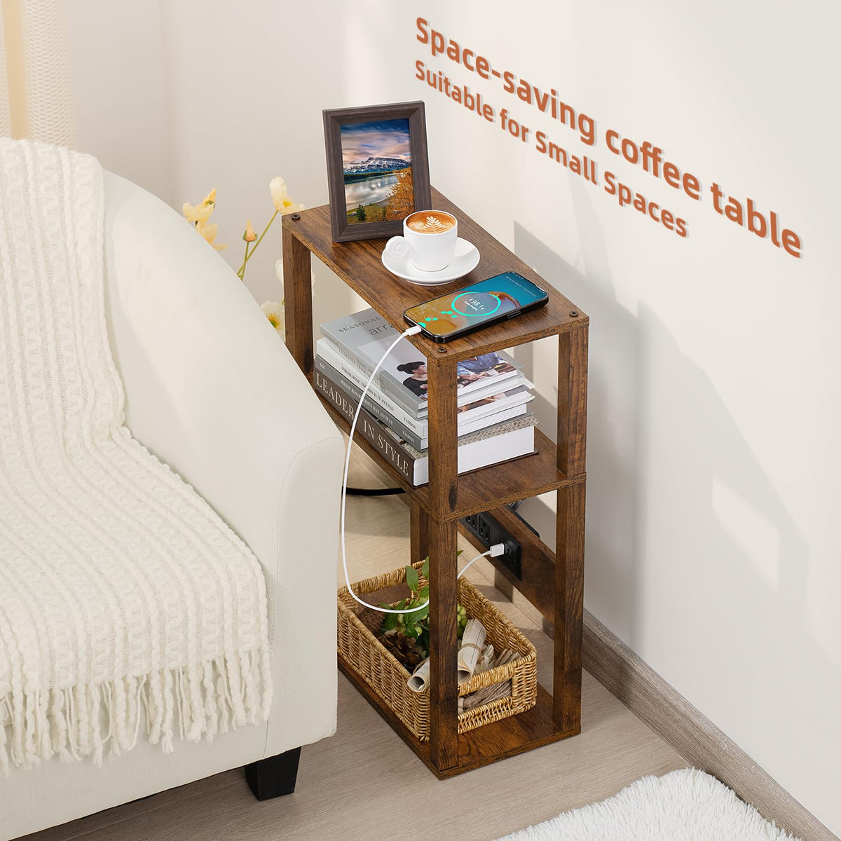 3-Tier Narrow Bedside Table with Charging Station V878705