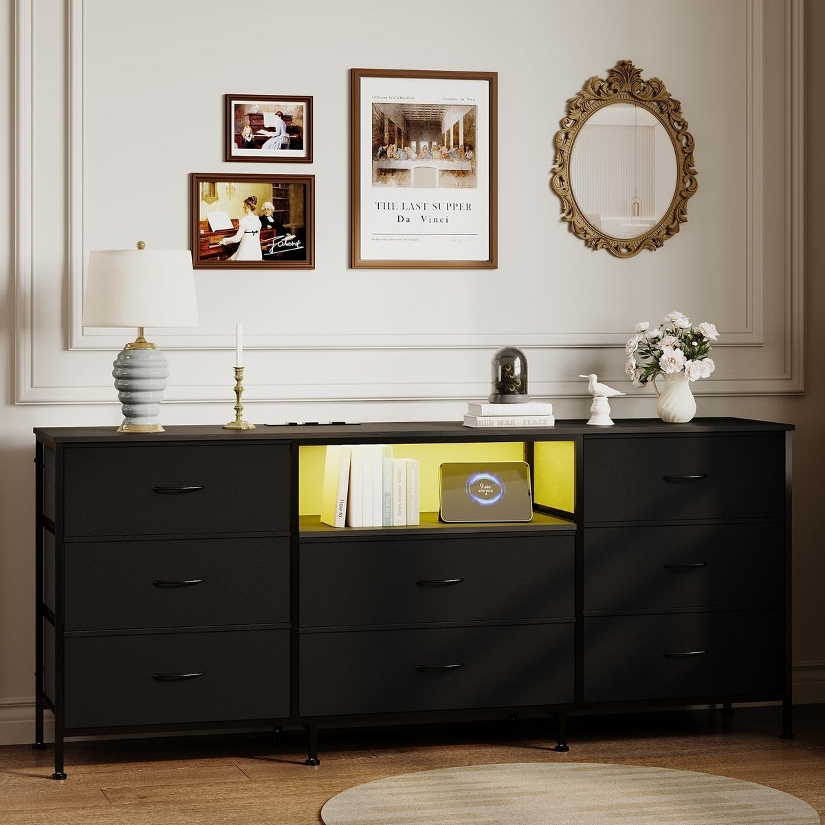 Black 8 Drawer TV Stand Dresser with Steel Frame U293