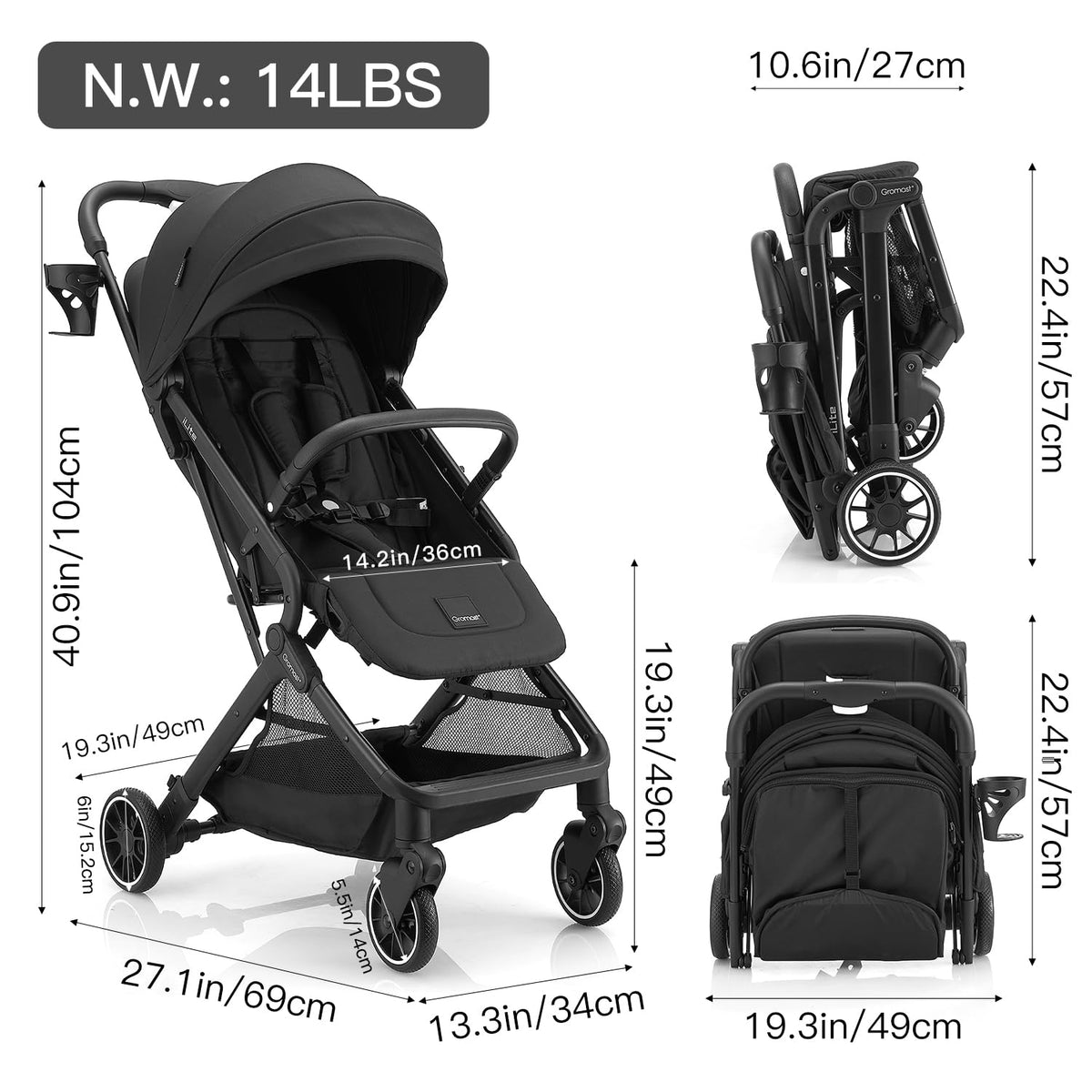 Black Lightweight Fold Baby Stroller with Canopy and Cup Holder S7693