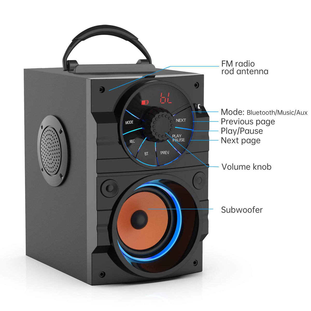 Portable Big Bluetooth Speakers with Light, Wireless with Subwoofer, FM Radio, LED Lights, EQ, Booming Bass, Bluetooth 4.2 Stereo Loud Outdoor/Indoor Retro, for Home, Camping, Travel, Black Y564