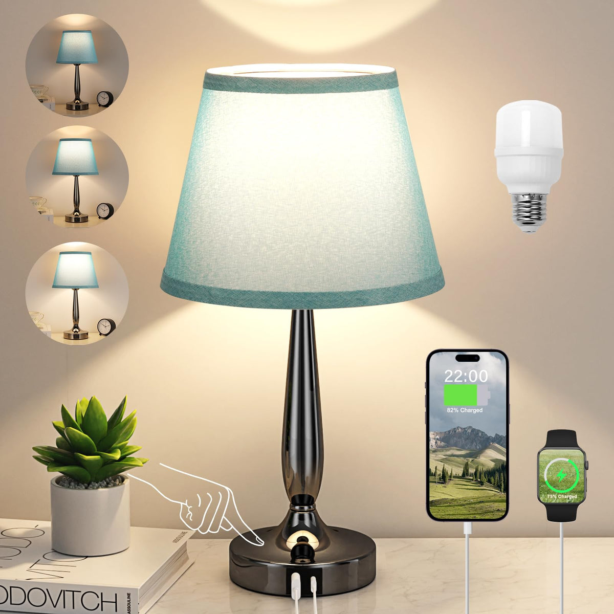 Touch Bedside Lamp with USB C Port, 3 Way Dimmable Turquoise Blue U8994