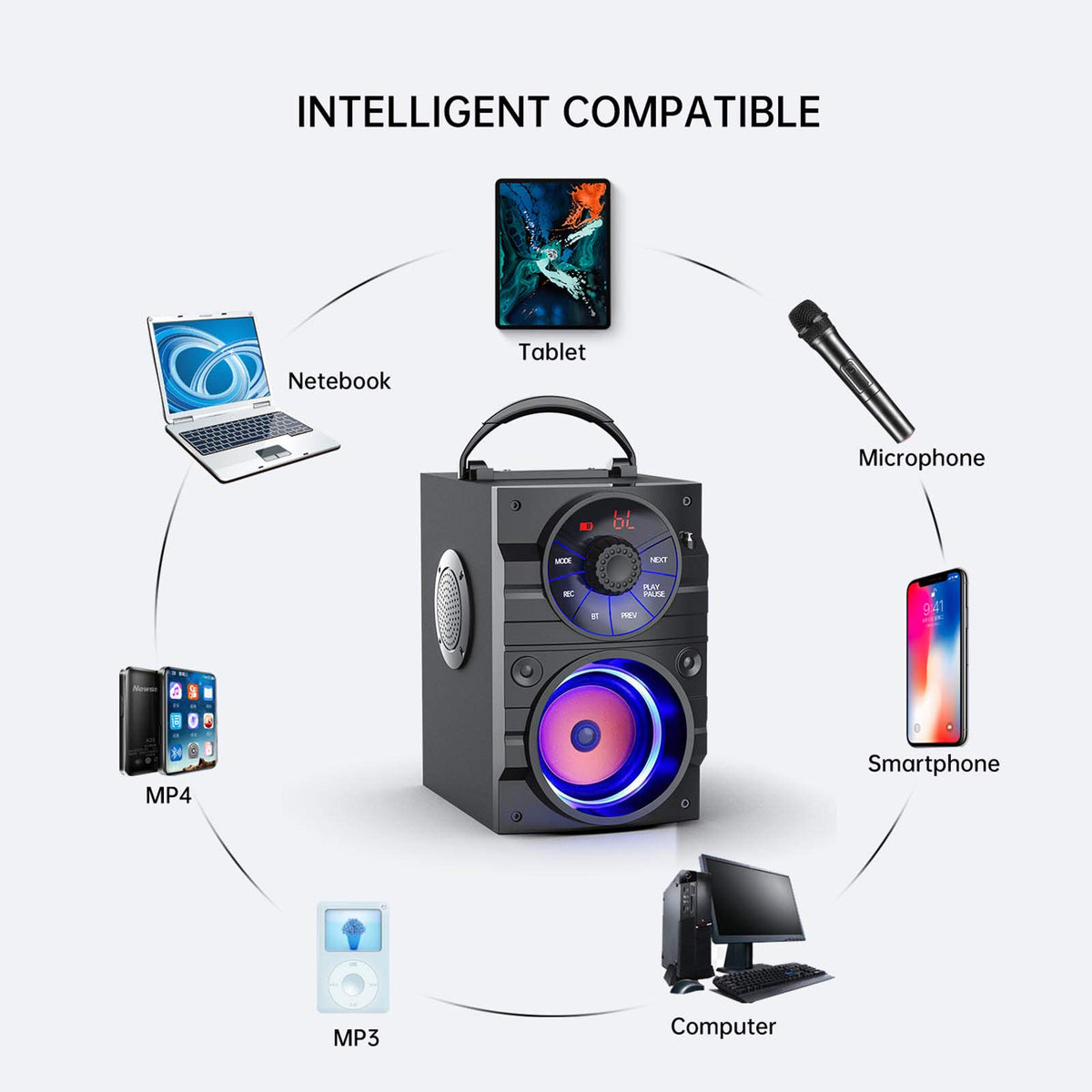 Portable Big Bluetooth Speakers with Light, Wireless with Subwoofer, FM Radio, LED Lights, EQ, Booming Bass, Bluetooth 4.2 Stereo Loud Outdoor/Indoor Retro, for Home, Camping, Travel, Black Y564