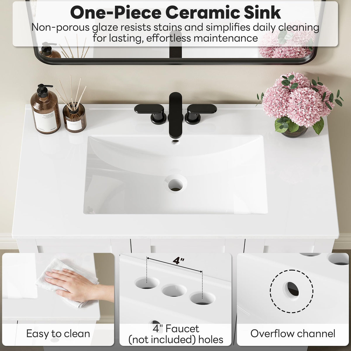 36" White Bathroom Vanity with Sink, 2 Soft-Close Drawers & Doors F969615