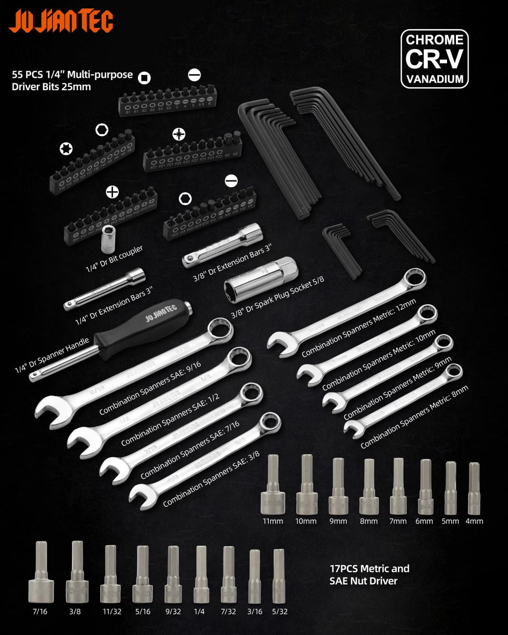 201pc Mechanics Tools Set, 1/2'', 1/4'', 3/8'' Drive Socket Set J175180
