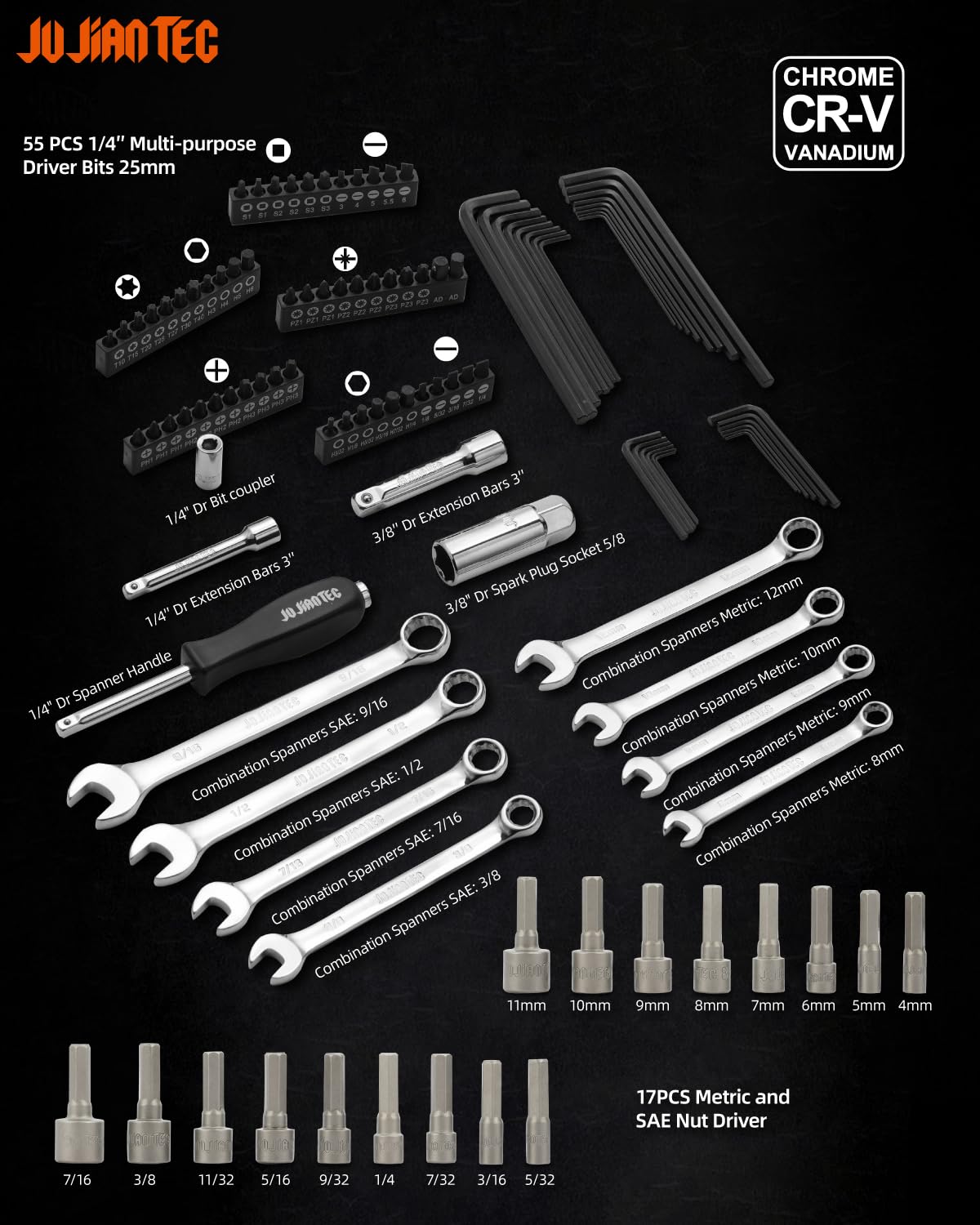 201pc Mechanics Tools Set, 1/2'', 1/4'', 3/8'' Drive Socket Set J175180