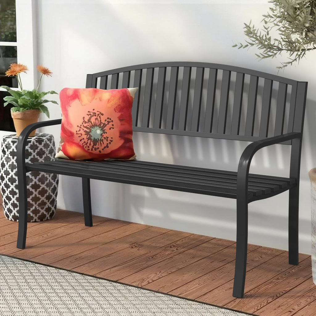 50" Iron Metal Outdoor Bench with Backrest and Armrests K3348