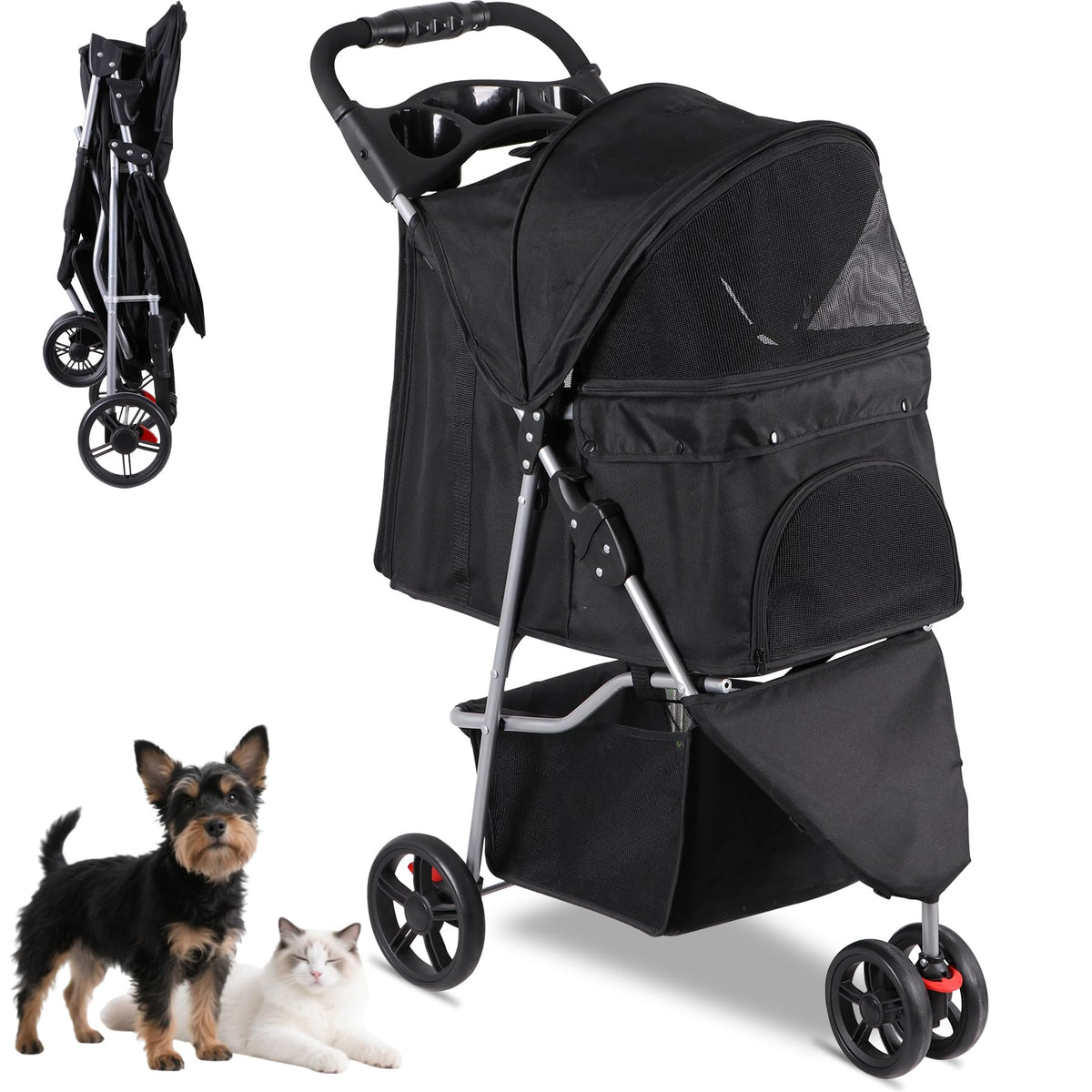 Foldable Pet Stroller with Weather Cover, Storage Basket and Cup Holder B83734