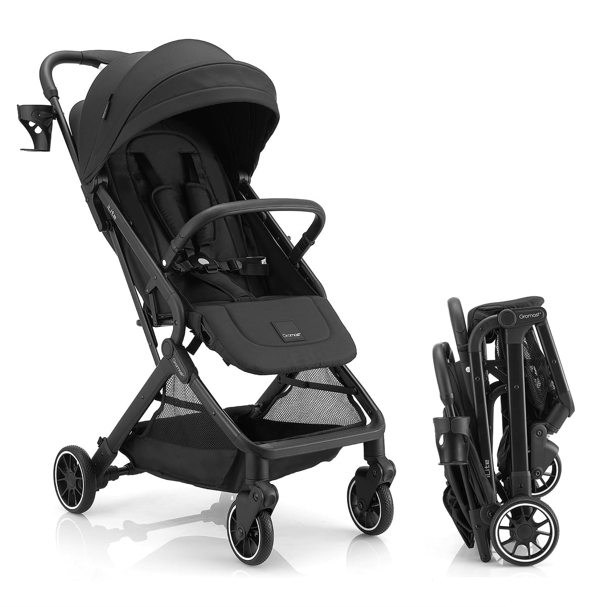 Black Lightweight Fold Baby Stroller with Canopy and Cup Holder S7693
