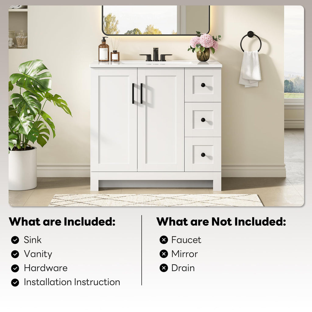 36" White Bathroom Vanity with Sink, 2 Soft-Close Drawers & Doors F969615