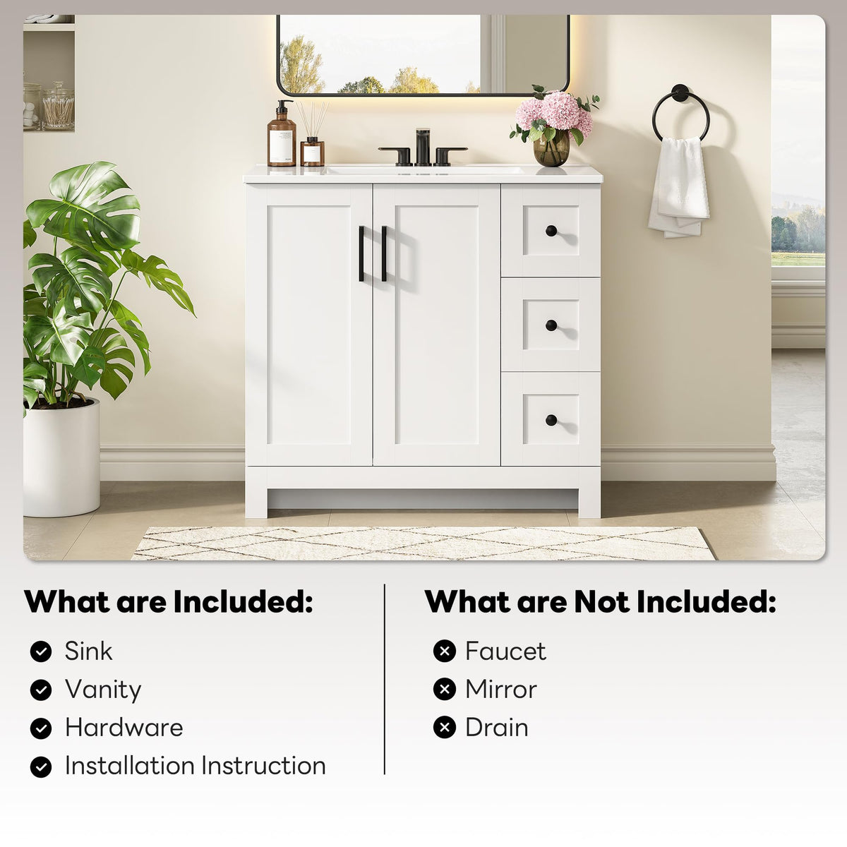 36" White Bathroom Vanity with Sink, 2 Soft-Close Drawers & Doors F969615