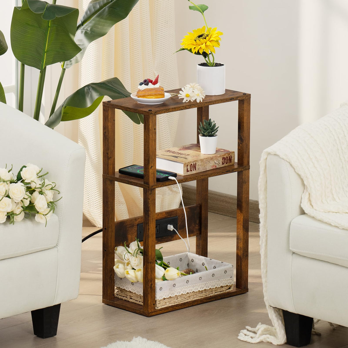 3-Tier Narrow Bedside Table with Charging Station V878705