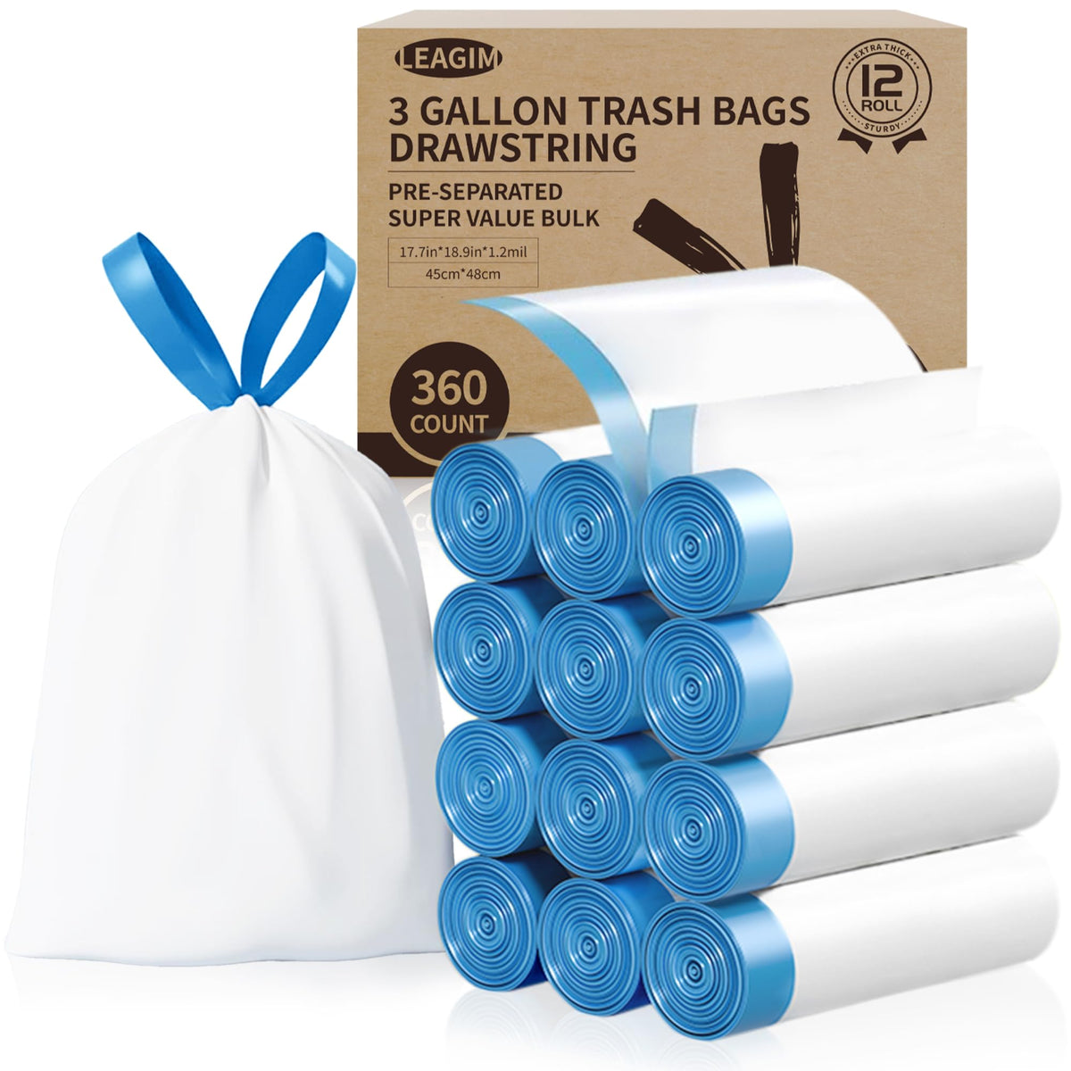 3 Gallon 360 Count 1.2 Mil Drawstring White Plastic Trash Bags G300311