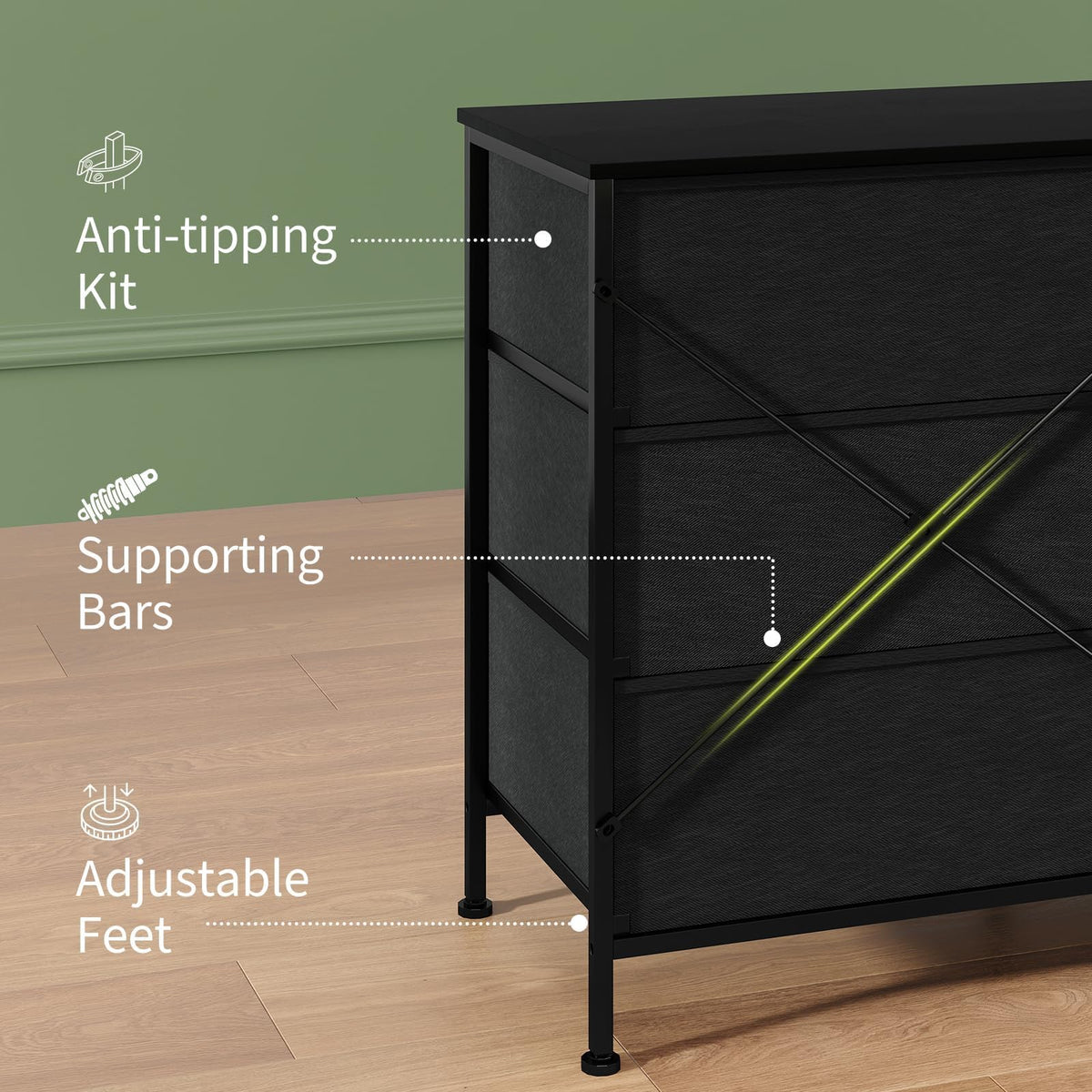 Black 8 Drawer TV Stand Dresser with Steel Frame U293
