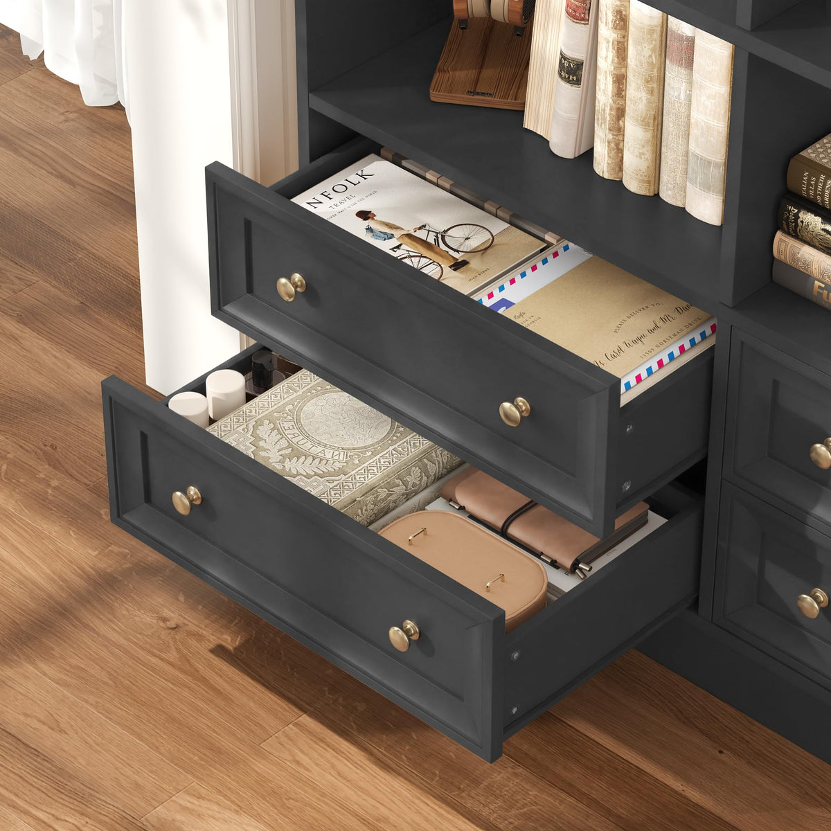 71" Tall Black Bookshelf with 4 Drawers F387