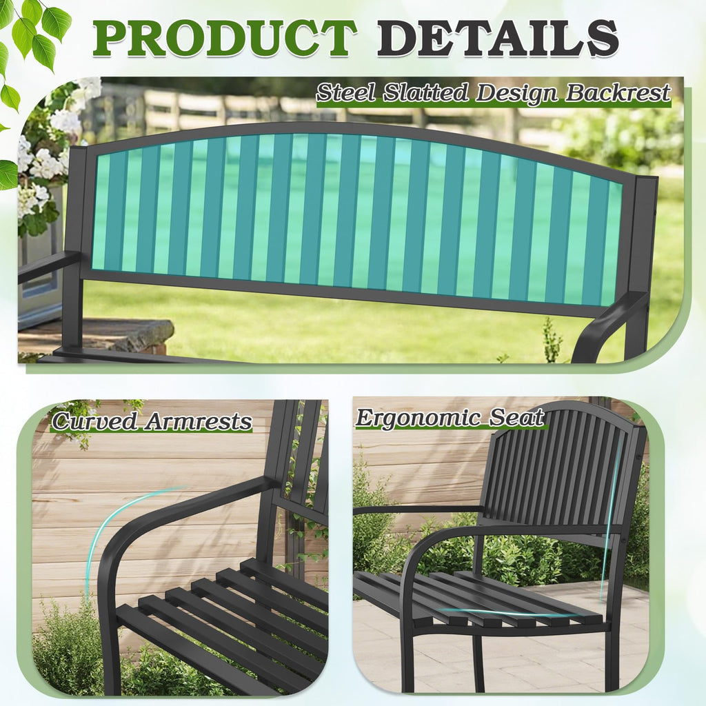 50" Iron Metal Outdoor Bench with Backrest and Armrests K3348