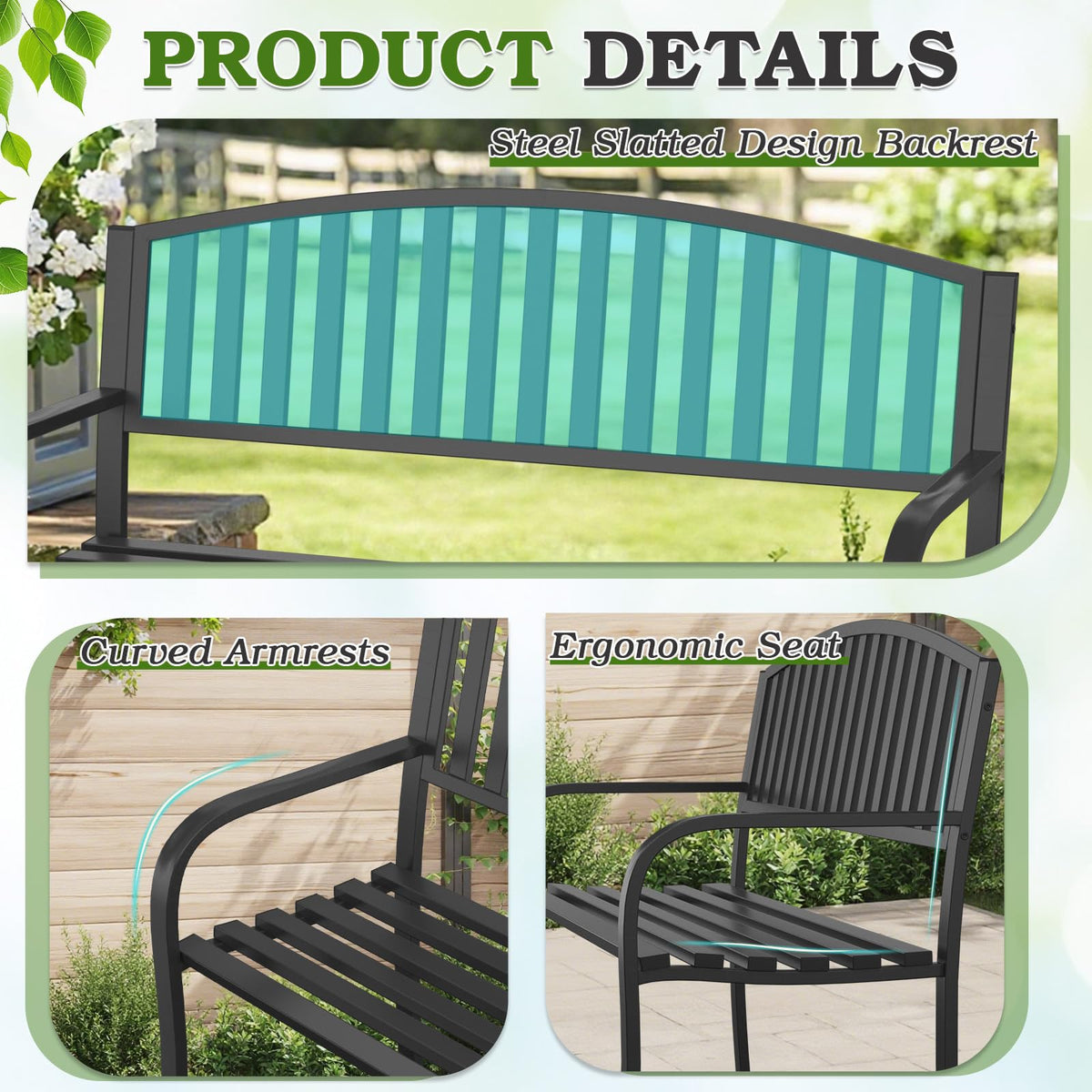 50" Iron Metal Outdoor Bench with Backrest and Armrests K3348
