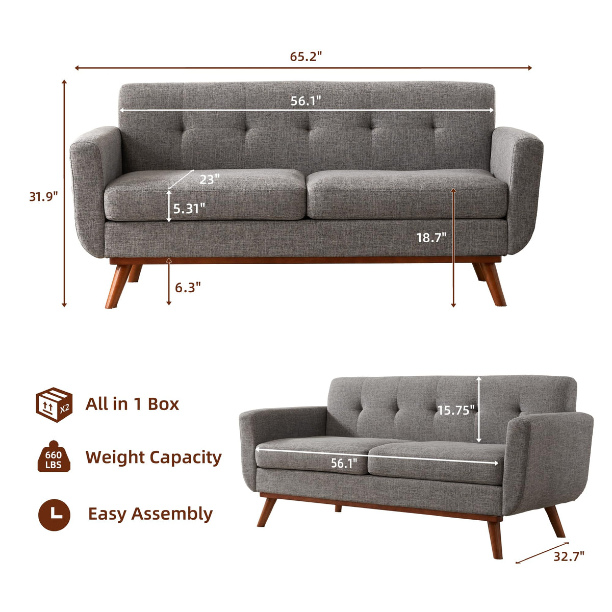 65.2" W Grey Button Tufted Loveseat Sofa I14429